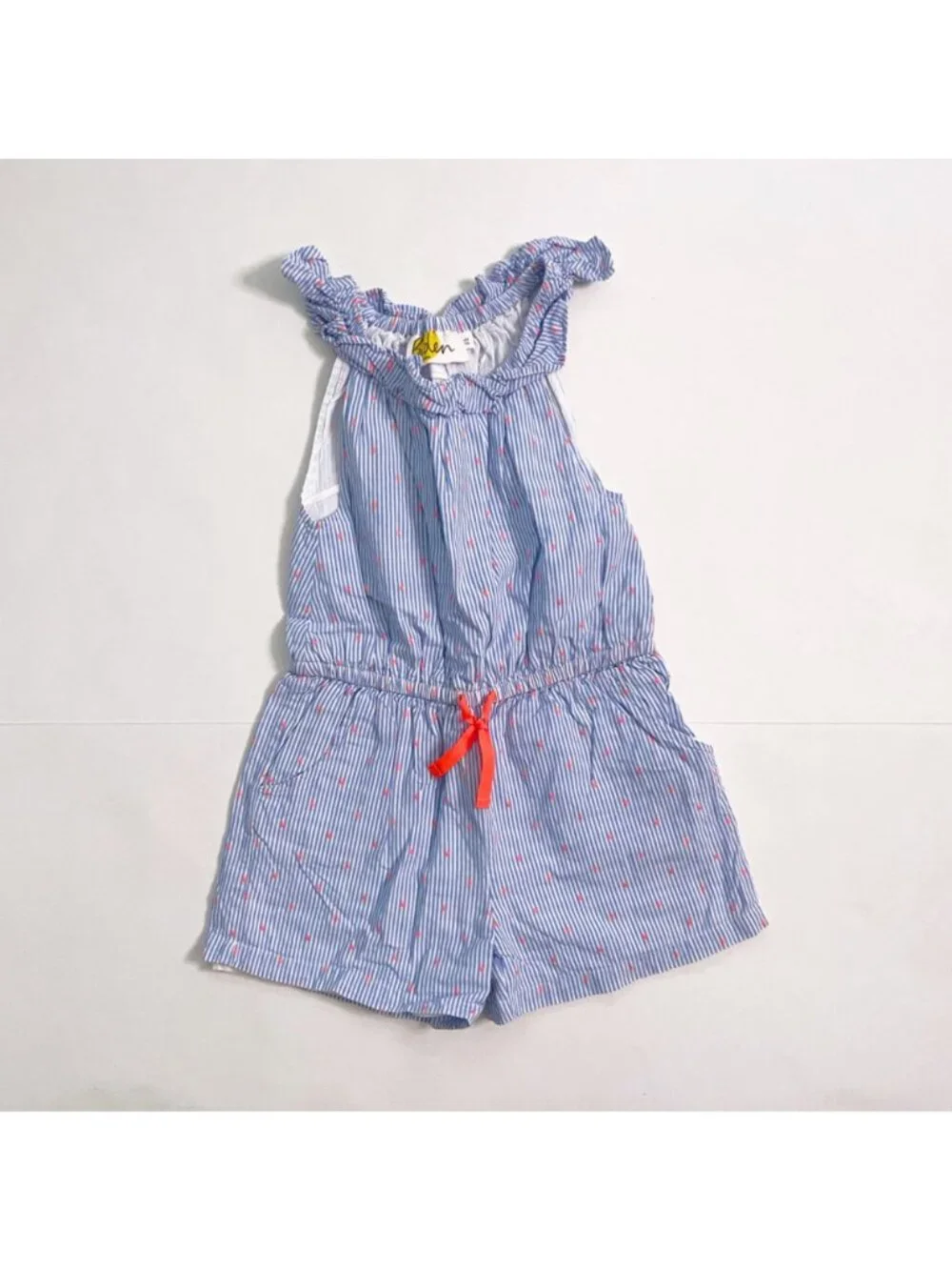 Mini Boden Girls Ruffle Neck Romper, Size 5/6